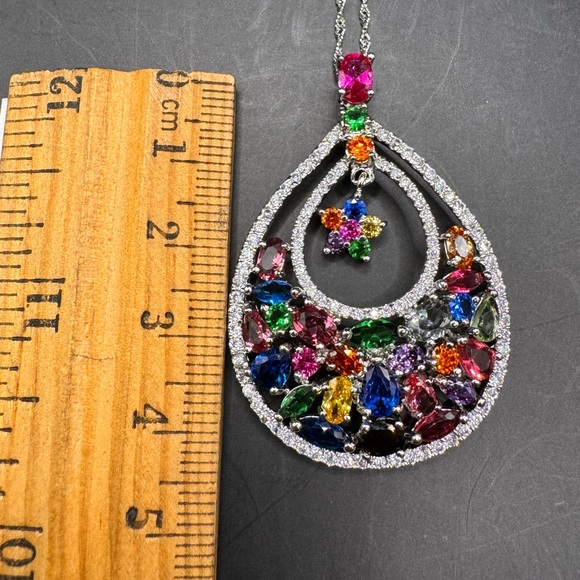 Platinum Plated Sterling Silver pendant with cubic zirconia & multicoloured gems - Picture 12 of 13